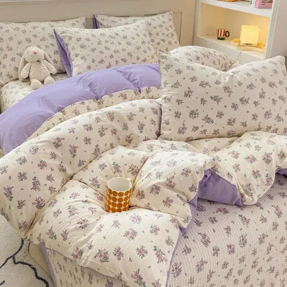 Lavender and cream floral-patterned cotton duvet cover set with soft quilted texture for bedroom bedding