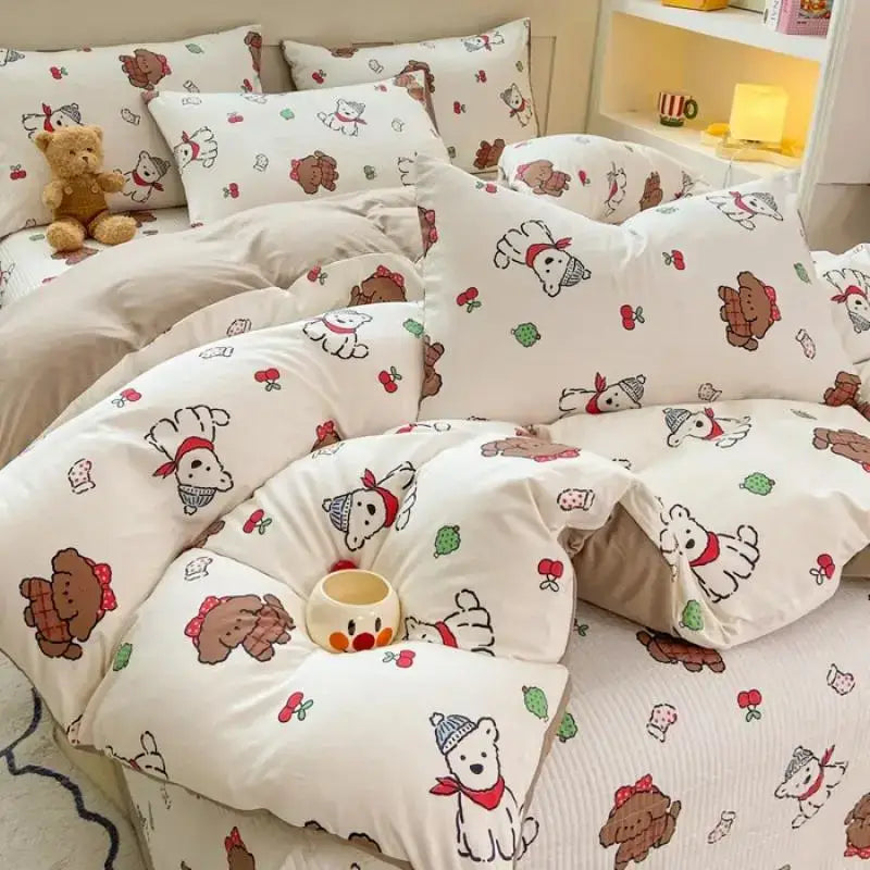 Cute white cotton duvet cover set featuring playful cartoon bears with brown red and green accents for bedroom use