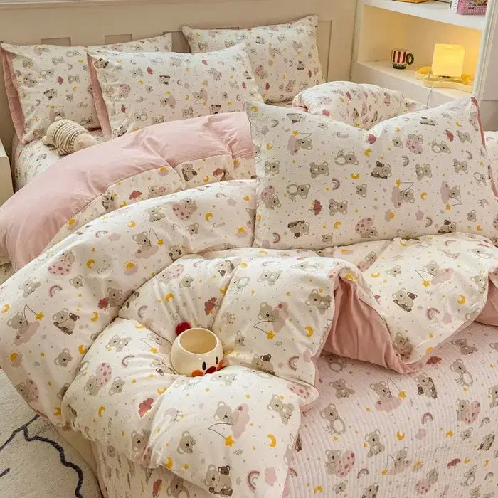 Pastel pink and white koala-themed cotton duvet cover set with floral design for bedroom bedding