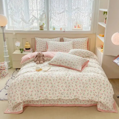 Pink and white floral patterned cotton duvet cover set with ruffled edges for bedroom bedding use