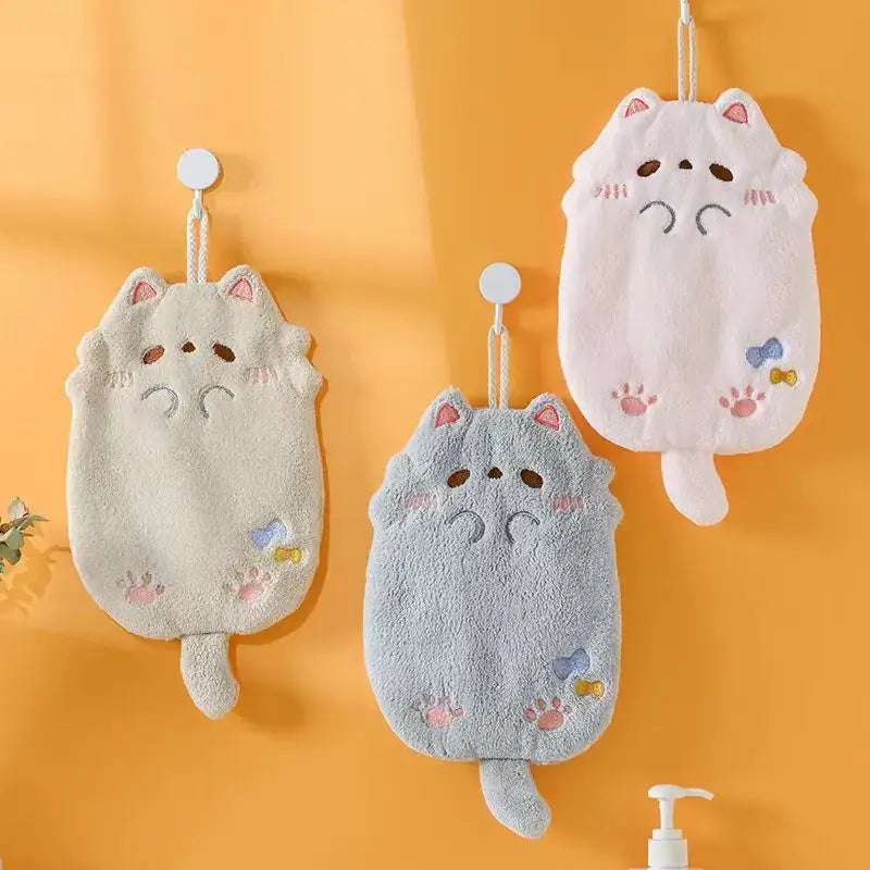 Three plush cartoon cat hand towels in white gray and blue microfiber with pink embroidery for decorbites cartoon cat collection