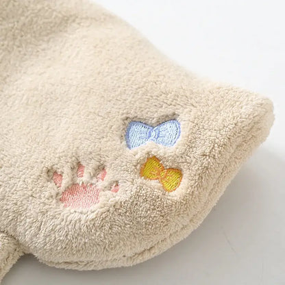 Beige plush cartoon cat hand towel with embroidered pink paw print and colorful bows for kitchen cleaning decorbites cartoon cat