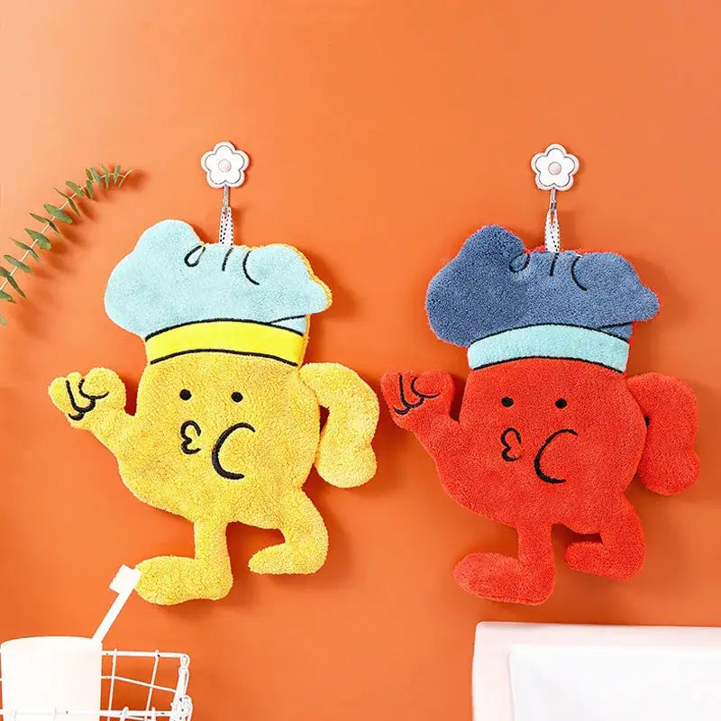 Two plush cartoon chef yellow and red microfiber hand towel kitchen wall hooks with colored hats