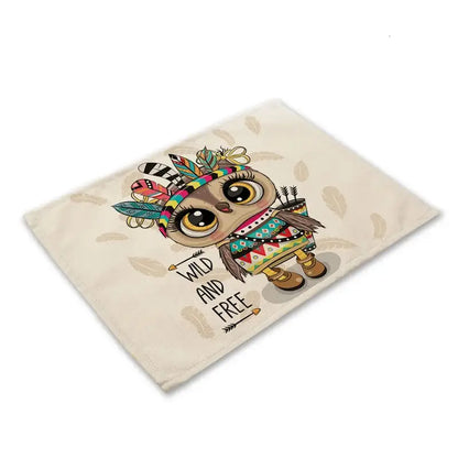 Cream-colored cotton cloth napkin with decorbites cute owl animal design and wild and free print for dining table use