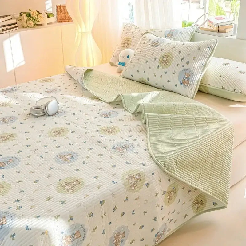 Light green and off white quilted cotton bed cover set with embroidered teddy bears for bedroom use