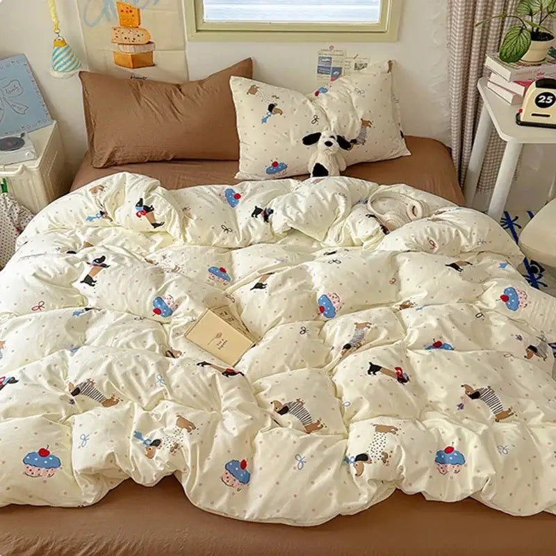 Cream cotton fitted sheet set featuring a quilted duvet cover with cartoon dogs and cupcakes pattern