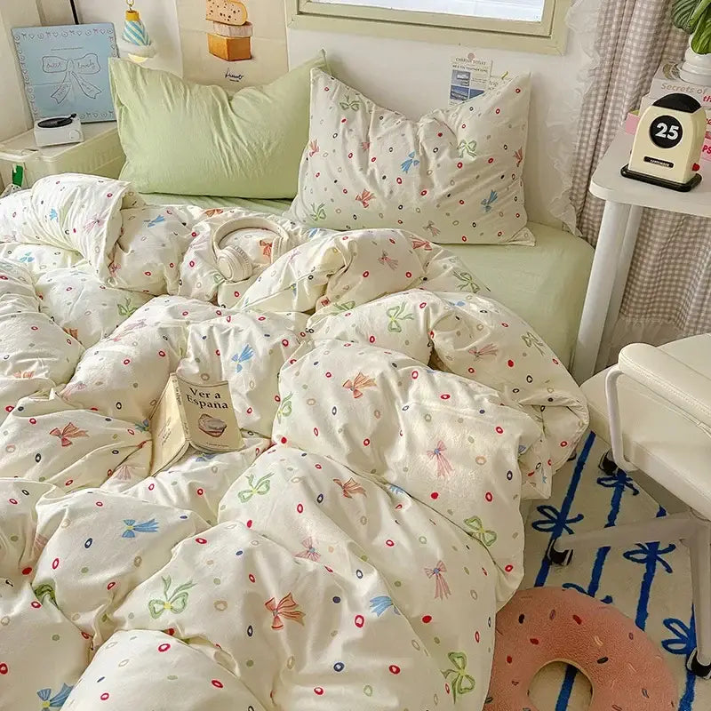Cream-colored cotton fitted sheet set with playful pastel bows dots and tiny birds for bedroom bedding use