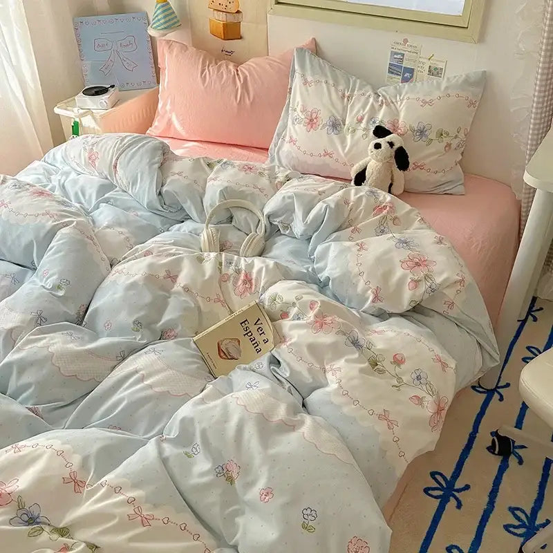 Cartoon dog and cupcake cream cotton fitted sheet set with light blue floral pattern and soft cotton fabric
