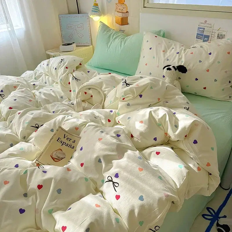 Cream cotton fitted sheet set with cream-colored duvet featuring multicolored hearts and black bow details