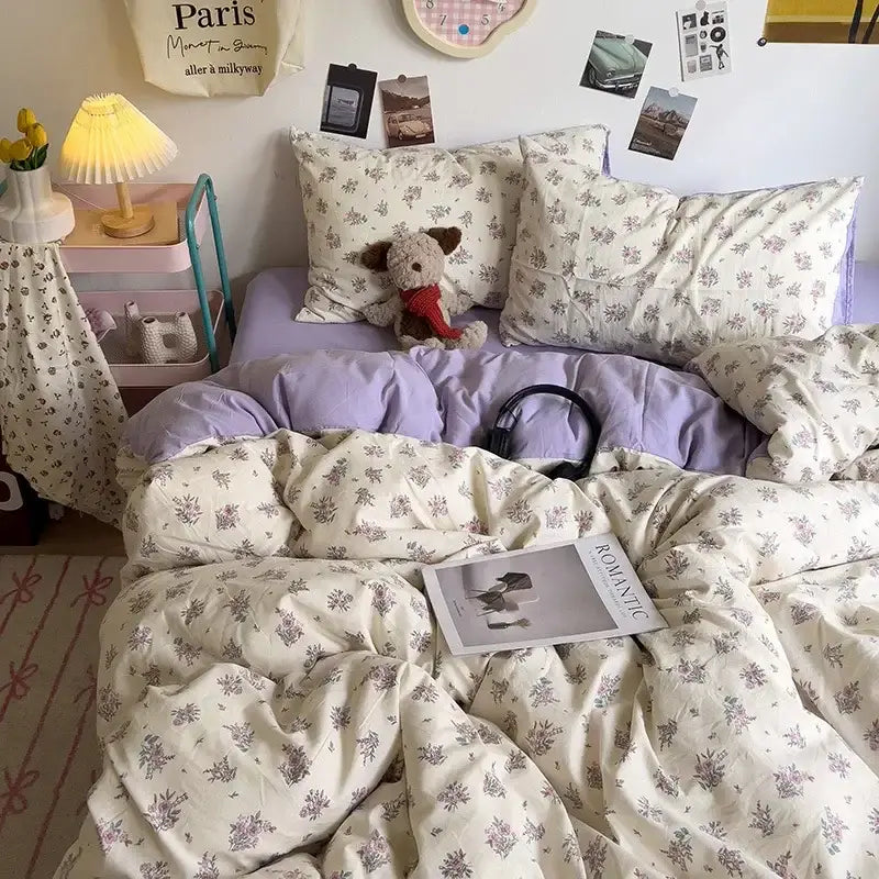 Lavender quilted comforter set with floral pattern and matching pillowcases in decorbites cartoon style bedding set
