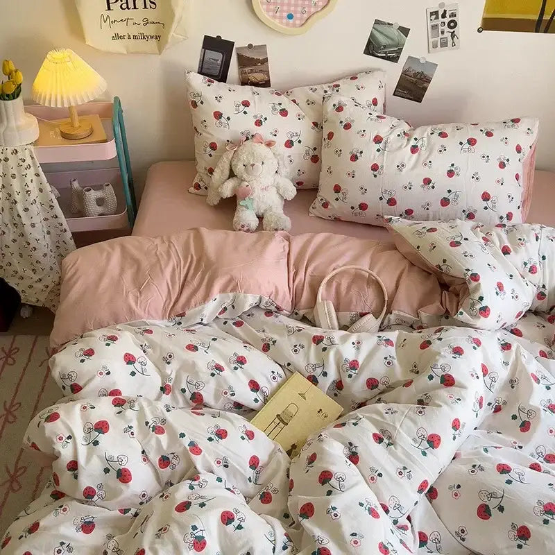 Pink and white strawberry-patterned bedding set with a soft quilted texture from decorbites cartoon style comforter set
