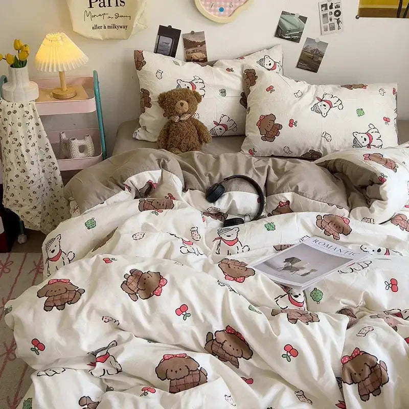 Cream comforter bedding set featuring decorbites cartoon style white duvet with brown dogs and red bows print