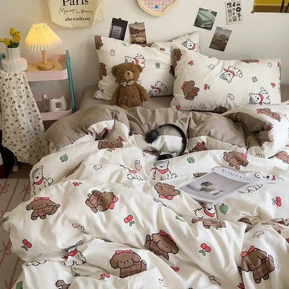 Cream comforter bedding set featuring decorbites cartoon style white duvet with brown dogs and red bows print
