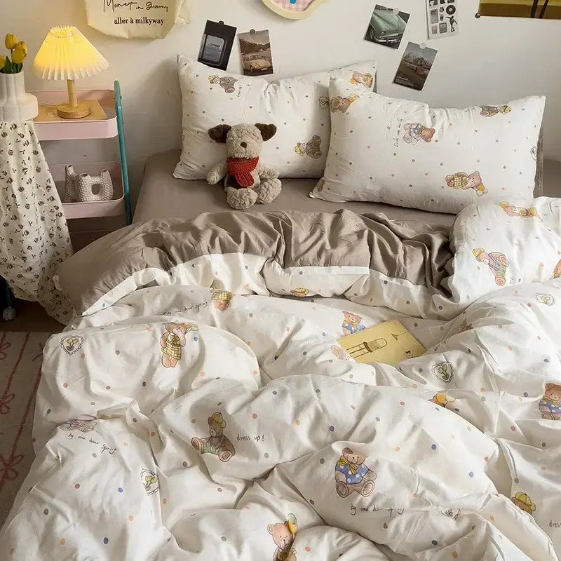 White duvet bedding set with embroidered teddy bear and polka dot patterns from decorbites cartoon style comforter set