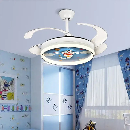 White ceiling fan light with integrated Doraemon illustration and smart remote control for bedroom use