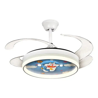 White cartoon doraemon ceiling fan light with transparent curved blades and smart remote control for bedroom use