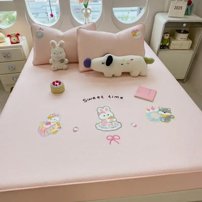 Pink embroidered fitted sheet with decorbites cartoon embroidered animals and sweet time stitching for bedroom mattress pad