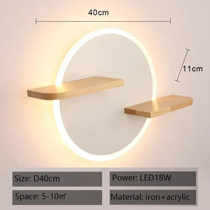 Cartoon figurine led wall lamp with warm glow, wooden shelves, and illuminated acrylic ring for bedroom decorbites led wall decor