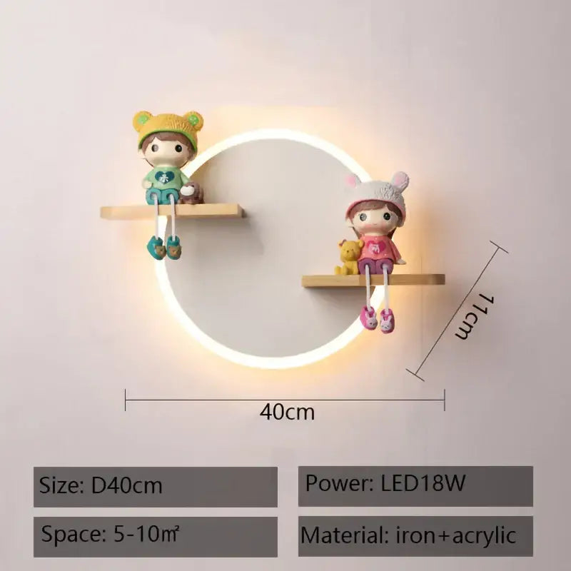 Cartoon figurine led wall lamp with circular warm iron and acrylic light and wooden shelves for bedroom decorbites wall lamp