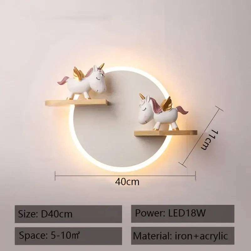 Cute white unicorn led wall lamp with gold accents and wooden shelf featuring circular led light ring for bedroom decorbites wall lamp