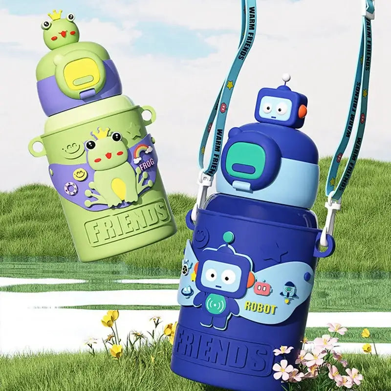 Cartoon green and purple frog stainless steel thermal water bottle with matching lid and colorful friends stickers