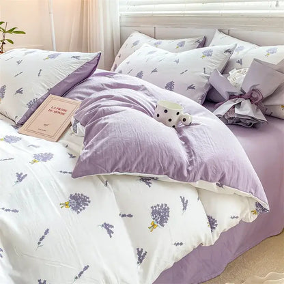 Lavender and white floral cartoon heart duvet set with soft plush fabric for bedroom bedding in cream and gray