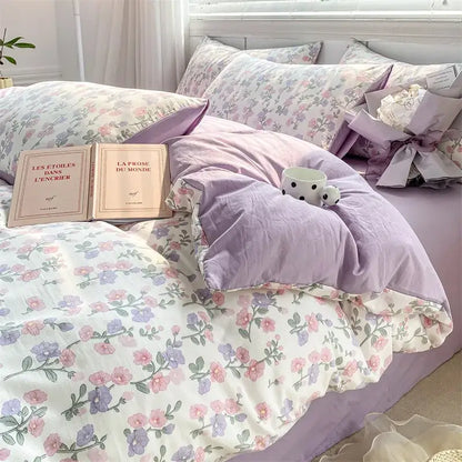 Lavender floral duvet set with soft cotton fabric and delicate pastel blossoms in cartoon heart floral cream and gray design
