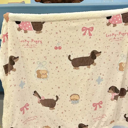 Cream-colored cartoon lamb wool blanket with brown dachshund pattern and pink floral decorbites cartoon lamb design