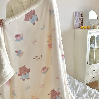 Cream-colored decorbites cartoon lamb wool blanket with soft texture and pink floral cartoon lamb pattern for bedroom decor