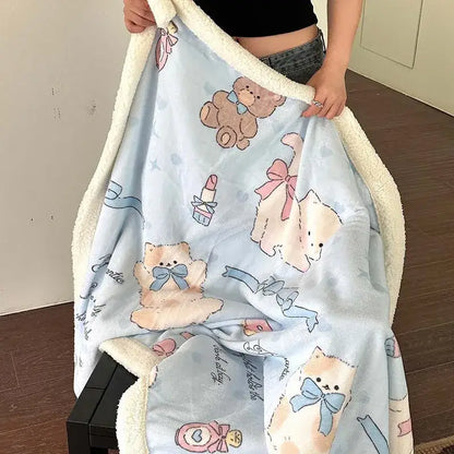 Light blue plush decorbites cartoon lamb wool blanket with white fleece border featuring bears and cats for bedroom decor
