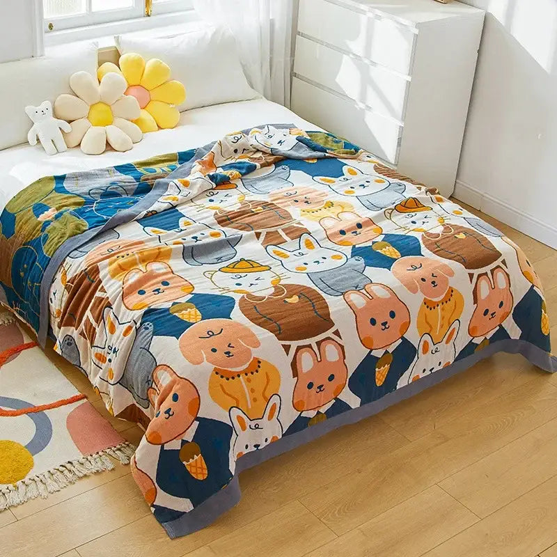Cozy cartoon lion cotton throw blanket with playful animal pattern on blue background and gray trim for bedroom decorbites decor