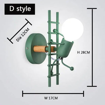 Green ladder-style wall lamp with wooden accent and spherical bulb decorbites cartoon matchstick man sconce for kids room