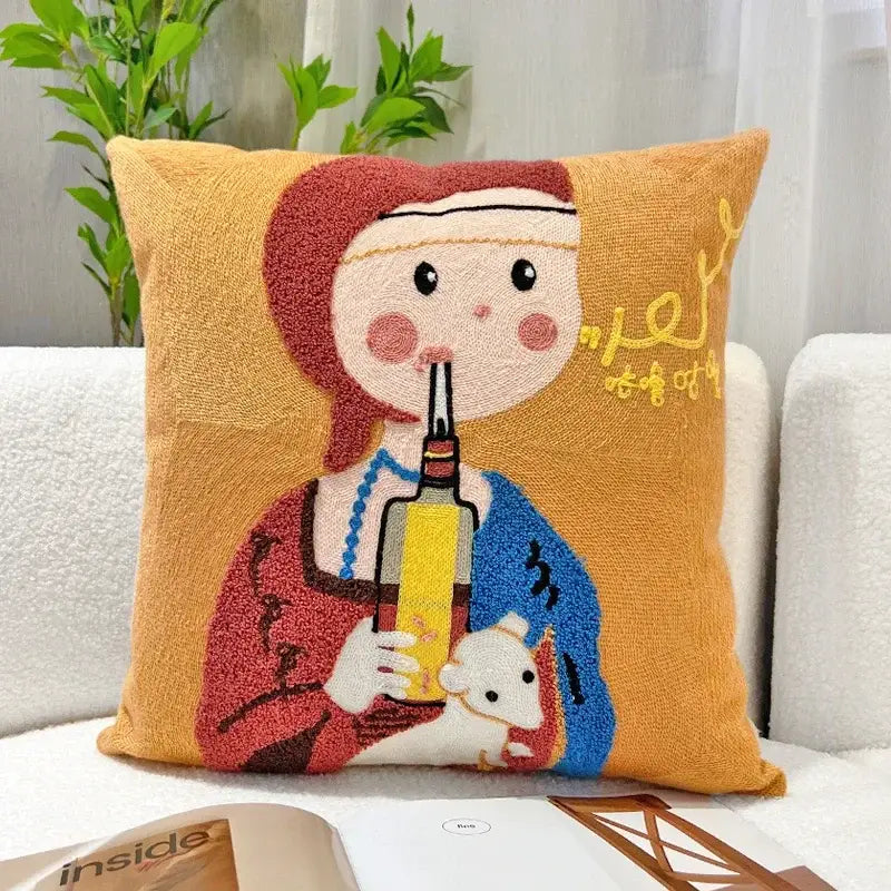 Cozy mustard-yellow throw pillow with cartoon oil painting embroidery of a red-haired girl holding a bottle for decorbites cartoon oil