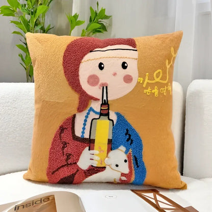 Orange throw pillow with decorbites cartoon oil painting embroidery of a girl holding a yellow bottle for living room decor