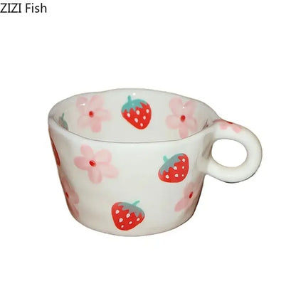 White ceramic cartoon pattern ceramic coffee mug with red strawberries and pink flowers for kitchen decorbites use