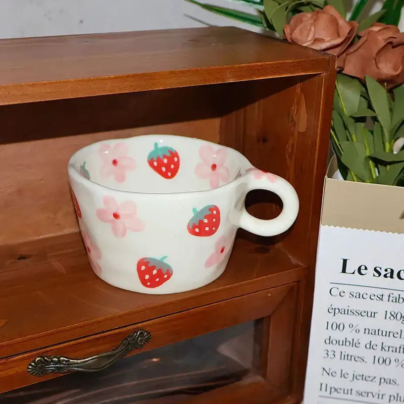White ceramic cartoon pattern ceramic mug with red strawberries and pink flowers from decorbites mug set
