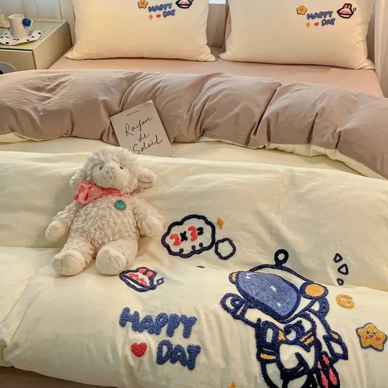 White plush lamb toy with pink bow and green button featured in cartoon pattern embroidered cream bedding sets decorbites bedroom decor