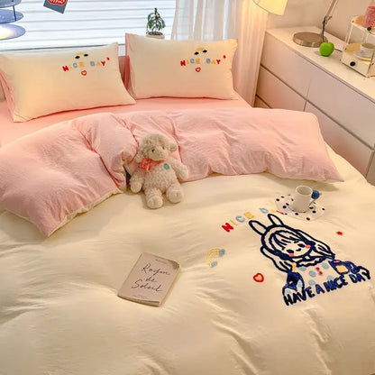 Cream-colored bedding sets with cartoon pattern embroidered bunny and nice day design for bedroom decorbites decor