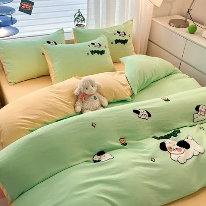 Mint green and pale yellow cartoon pattern embroidered bedding sets for bedroom decorbites cartoon pattern luck decor