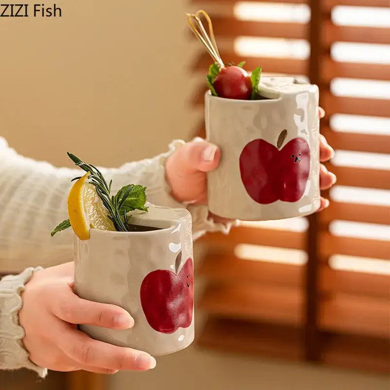 Cartoon pattern porcelain toothbrush holder featuring ceramic mugs with textured off-white finish and red apple decals