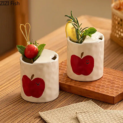 Cartoon pattern porcelain toothbrush holder featuring white ceramic pattern porcelain cup with red apple design and textured surface