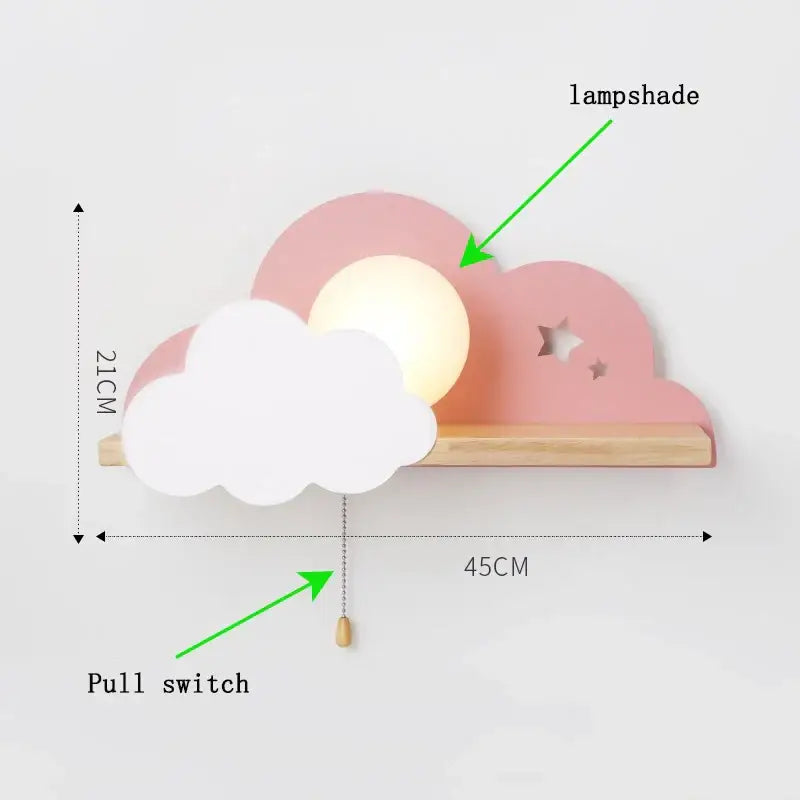 Cartoon peach and white cloud moon wall lamp with wooden shelf base and pull switch by decorbites cloud moon wall lamp