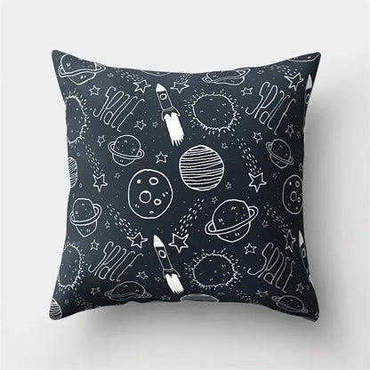 Black pillow case with white chalkboard-style cartoon planet astronaut space design for bedroom decorbites decor