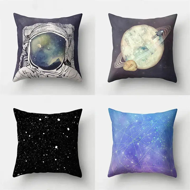 Four square pillow cases with cartoon planet astronaut space-themed designs for bedroom decorbites cartoon planet decor