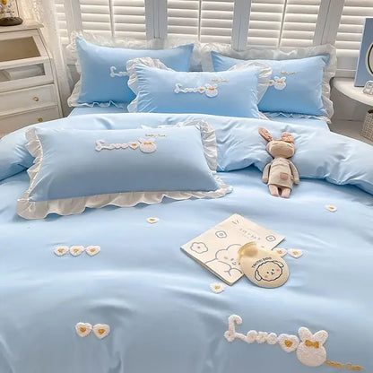 Light blue bedding set with ruffled edges and embroidered white bunny motifs decorbites cartoon princess design