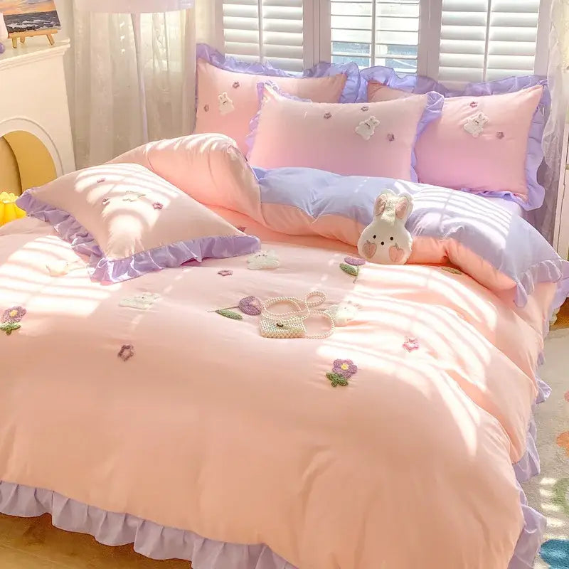 Pastel pink and lavender ruffled bedding set with embroidered floral and bunny motifs for decorbites cartoon princess bedroom