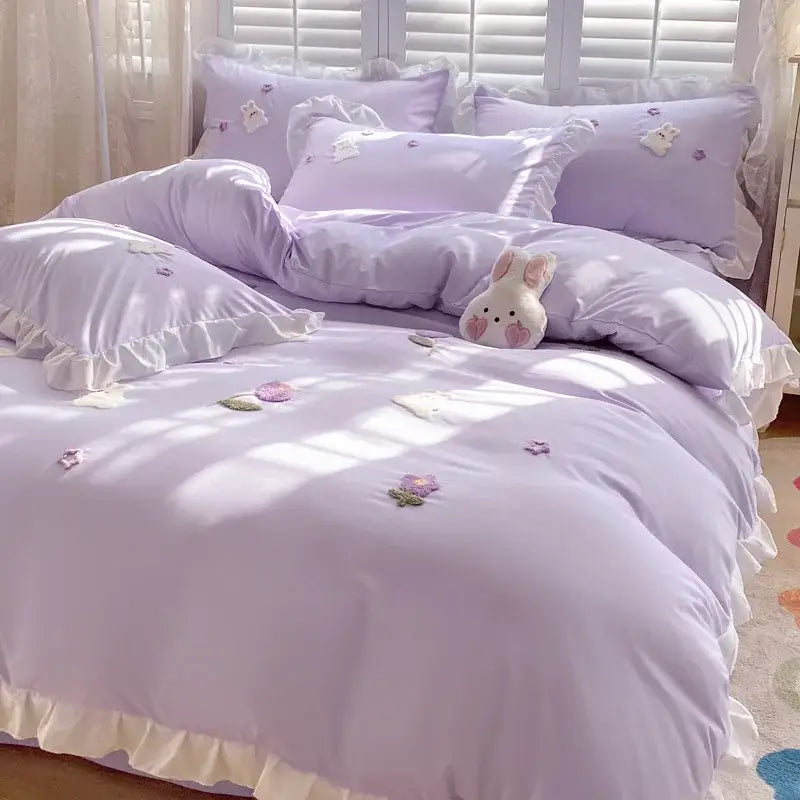 Lavender bedding set with delicate ruffled edges and embroidered floral appliqués for decorbites cartoon princess bedroom