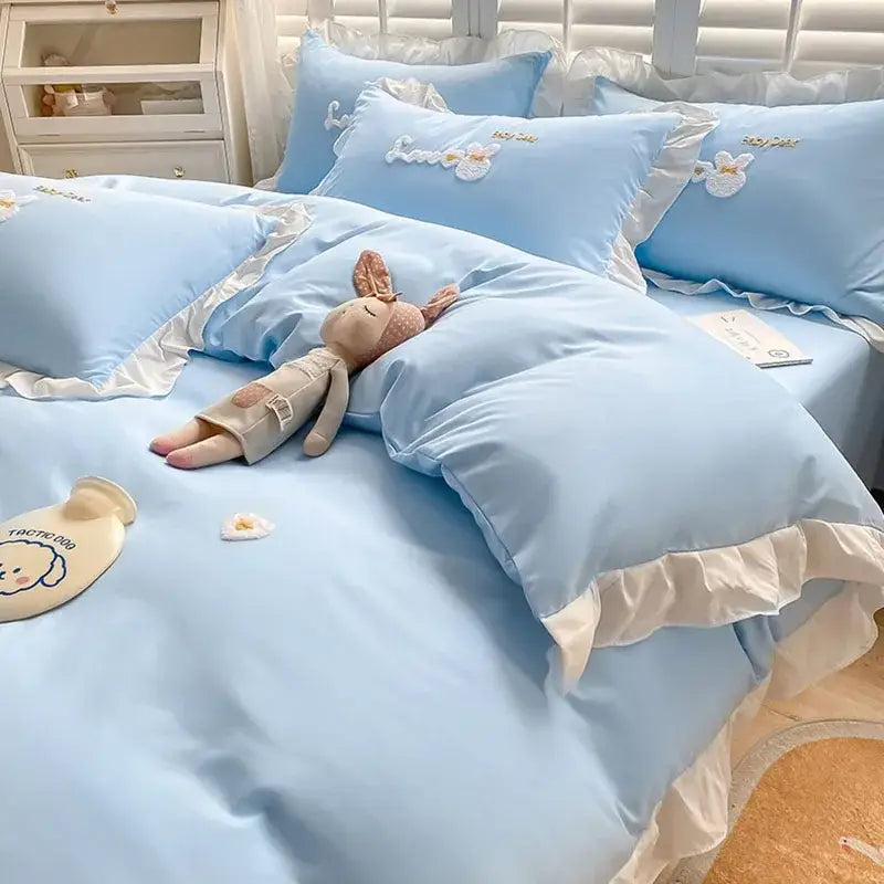 Light blue ruffled bedding set with embroidered floral and bunny designs decorbites cartoon princess bedroom decor