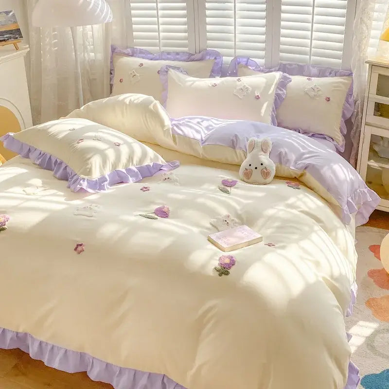 Pastel lavender and cream floral bedding set with ruffled edges for decorbites cartoon princess embroidered bedroom