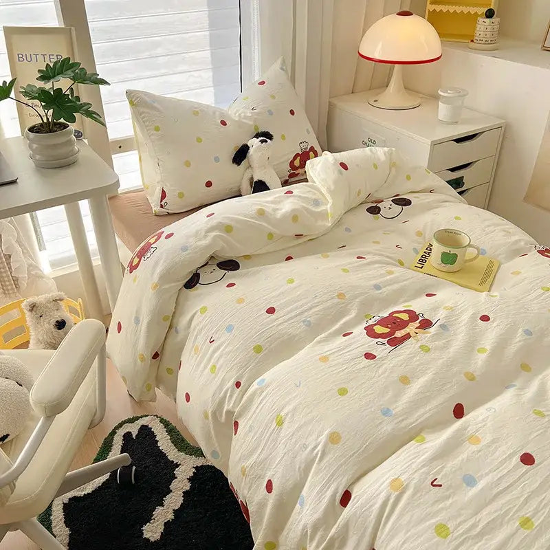 Cream-colored cartoon printed bedding set with playful dog and polka dot patterns by decorbites for bedroom use